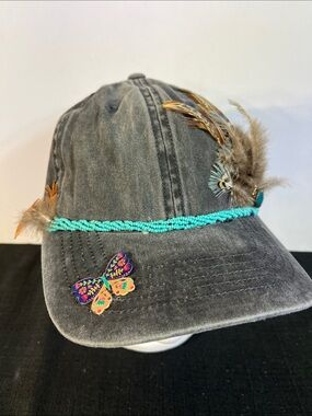 INFINITY Gray Baseball Cap with Turquoise Bead Trim, Feather & Butterfly Accents